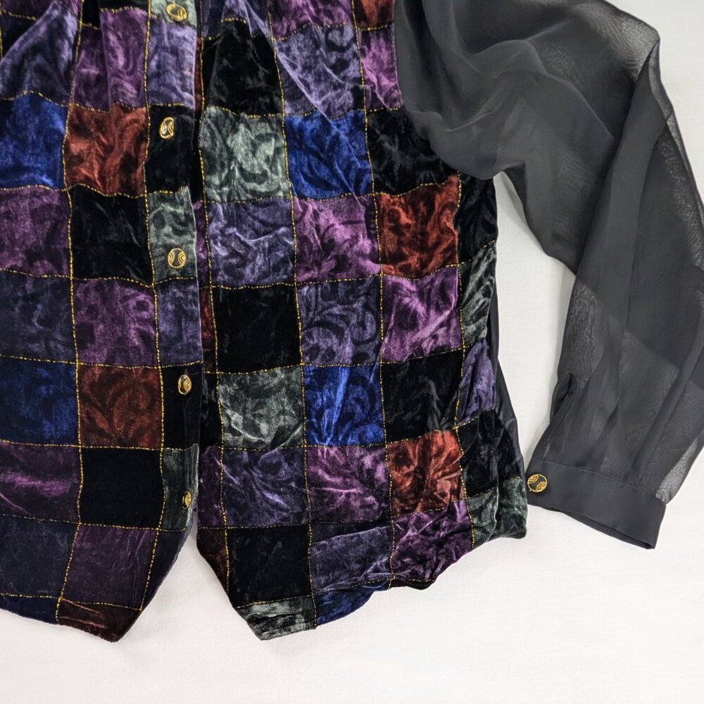 Vtg Patterned Checkered Velvet Button Up Black Sh… - image 2